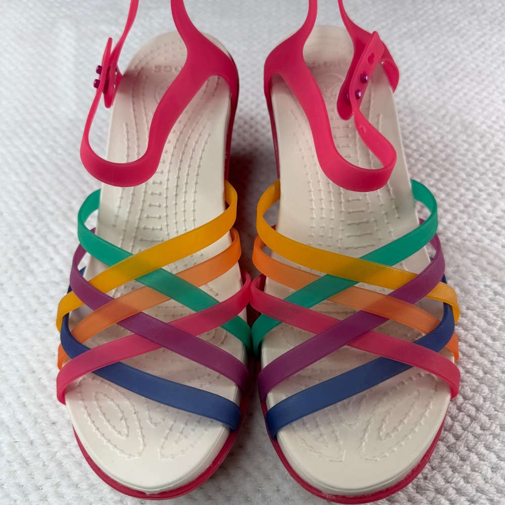 Crocs Huarache Multi Color Strappy Wedge Sandals Pink Women Size 8